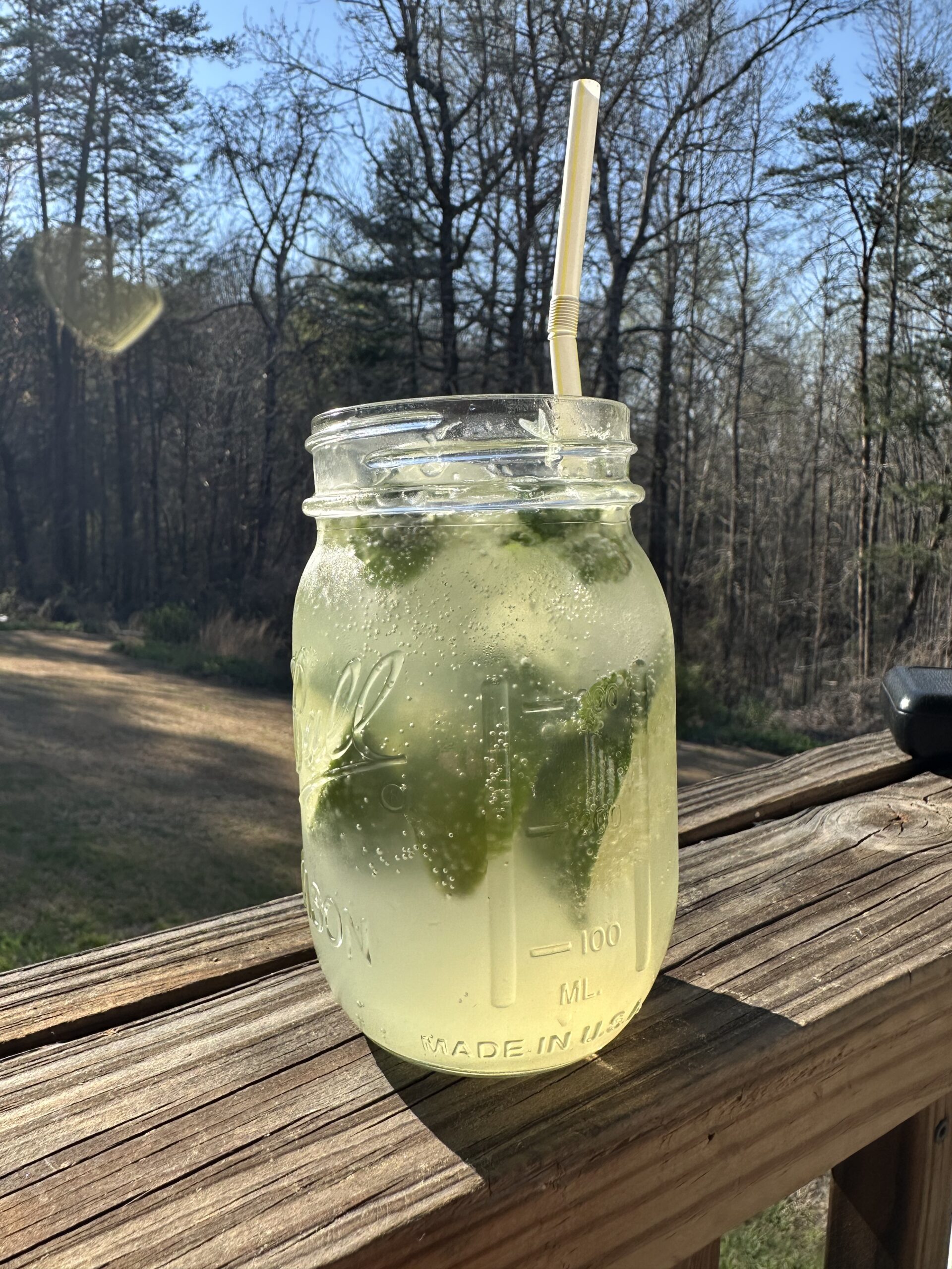 A refreshing virgin mojito served in a mason jar with limes, mint and carbonated soda water.